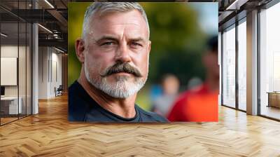 Mustached man participating in a sports event to raise awareness for men s health and wellness  The athlete is running or competing in an outdoor setting Wall mural