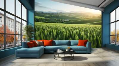 Scenic panoramic view of a lush green organic farm landscape with sustainable farming techniques in action  Rolling fields of flourishing crops and vegetation bathed in warm golden sunlight Wall mural