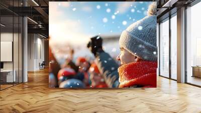 Silhouetted crowd of enthusiastic fans cheering and celebrating in a snowy outdoor stadium at sunset expressing joy and excitement for their team s success on a cold winter evening Wall mural