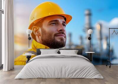 Technician wearing yellow protective jacket and helmet standing on the turbine platform at offshore wind farm Wall mural