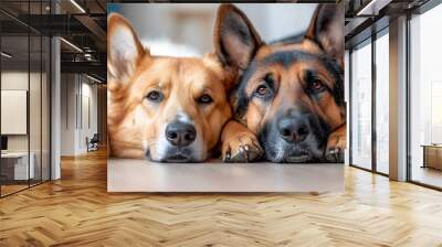 Two adorable dogs resting together on the floor gazing at each other with a loving and peaceful connection showcasing the strong bond and affection between these loyal companion animals Wall mural