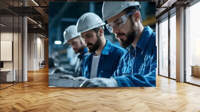 Two technicians and civil engineers in hard hats closely inspecting concrete boards in a futuristic factory setting symbolizing precision teamwork and innovation for market appeal Wall mural