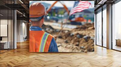 Active construction site with USA flag in background Wall mural