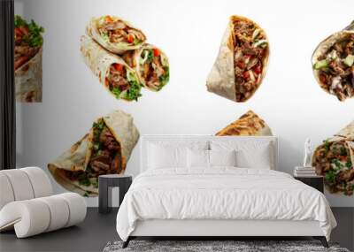 Assortment of grilled beef shawarma wraps with fresh vegetables cut out png on transparent background Wall mural