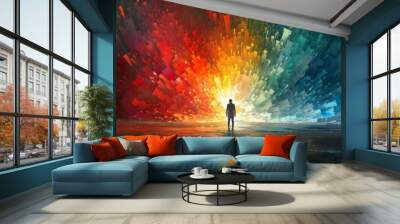 Chaotic sea of colors and shapes, a person dances freely. Rebellious self-expression. Wall mural