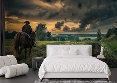 Cowboy riding a horse at sunset on a farm field under dramatic sky Wall mural