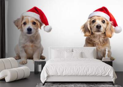 Cute dogs wearing santa hats for christmas, isolated on transparent background Wall mural