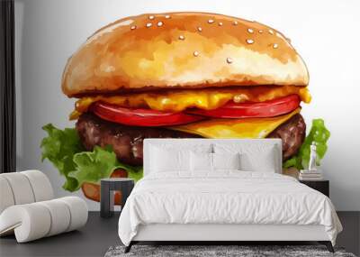 Delicious cheeseburger with lettuce and tomatoes, cut out transparent Wall mural