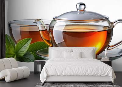 Glass teapot and cup of herbal tea with mint leaves, transparent background Wall mural