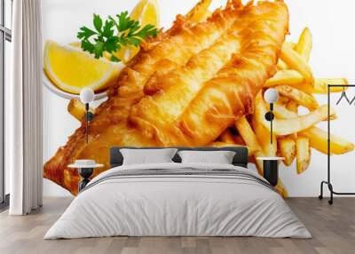 Golden fish and chips with crispy batter, cut out transparent Wall mural