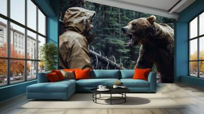 Grizzly bear fighting with the man in the forest Wall mural