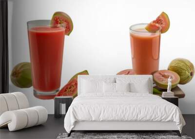 Guava juice in glasses with whole and sliced guava cut out png on transparent background Wall mural