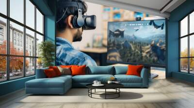 Man playing VR game with headset and monitor in modern workspace Wall mural