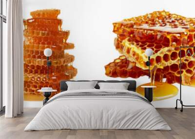 Natural honeycomb stacks with dripping honey isolated cut out png on transparent background Wall mural