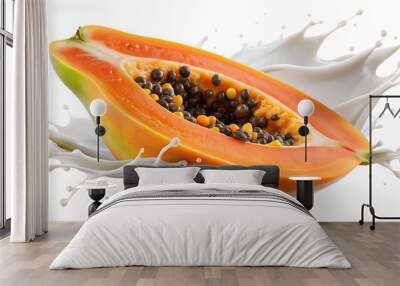 Papaya slice with splashing milk, tropical fruit cross-section, PNG isolated transparent Wall mural