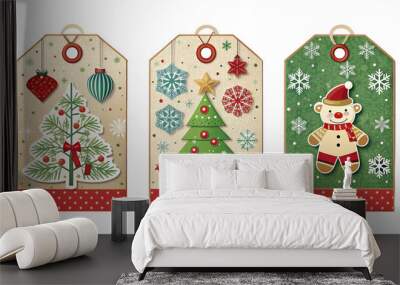 PNG three Christmas gift tags with tree and bear designs transparent Wall mural