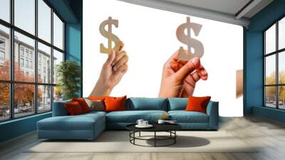 Set of Diverse hands holding glittering dollar signs isolated transparent PNG background Wall mural