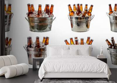 Set of Ice cold beer bottles in metal bucket isolated transparent PNG background Wall mural