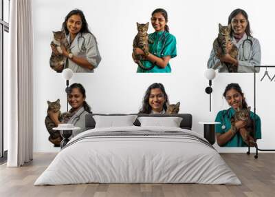 Set of Smiling Indian female veterinarian holding a cat in clinic isolated transparent PNG background Wall mural