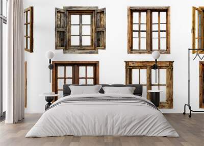 Set of Variety of vintage wooden windows isolated transparent PNG background Wall mural