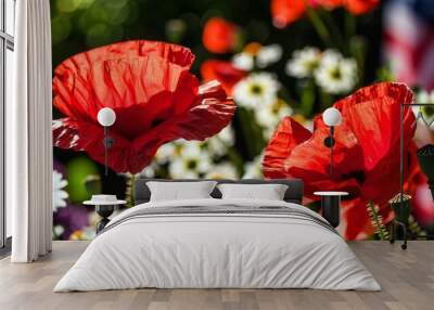 Two flowers of red poppy and flag of the usa Wall mural