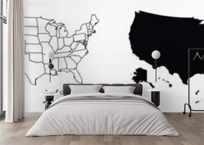 USA Map: Blank and Filled State Outlines for Graphic Design. USA Political Map Set - High Contrast and Outline Versions - Detailed States. Wall mural