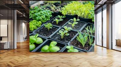 Variety of seedlings in pots growing in a greenhouse Wall mural