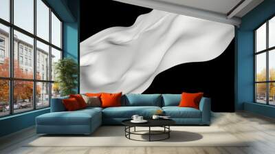 Wave white fabric flying on black background in 3d. Fabric in the movement of waves. Wall mural