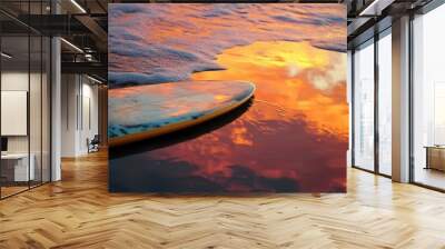 Vibrant sunset sky reflected in wet surfboard Wall mural