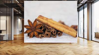 cinnamon and poder on white and macro style spice cooking Wall mural