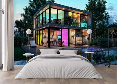 A modern glass house showcases vibrant, colorful lighting and overlooks a sleek outdoor pool. Surrounded by lush greenery. Relaxing and luxurious atmosphere. Wall mural