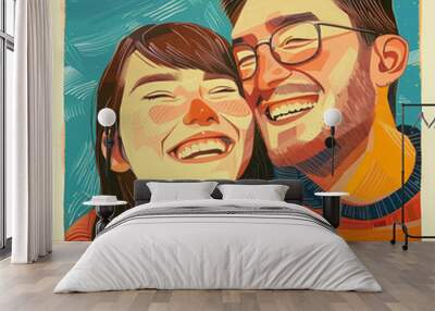 Drawing young couple joyful, colorful, smiling, cartoon style Wall mural