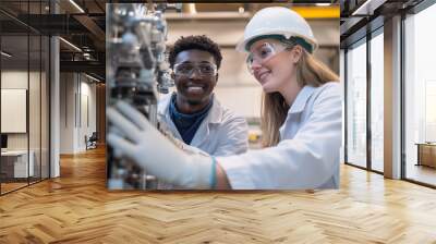 Two engineers, a woman and a man, are talking about technical details in a high-technology industrial facility. Wall mural