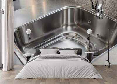 a close up stainless steel shiny perfectly clean kitchen sink with a tap Wall mural