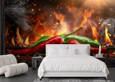 A fiery hot chili pepper surrounded by flames, highlighting its intense heat and vibrant energy in a dramatic and captivating scene Wall mural