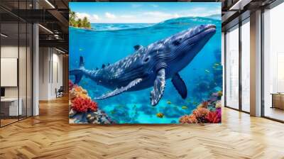 a giant blue whale swimming in a deep beautiful blue ocean reef at an island with fishes, seaweed and corals. turquoise water color. 16:9 4k background wallpaper Wall mural