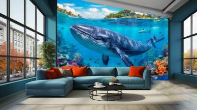 a giant blue whale swimming in a deep beautiful blue ocean reef at an island with fishes, seaweed and corals. turquoise water color. 16:9 4k background wallpaper Wall mural