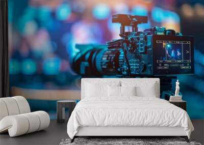 A professional video camera with a long lens mounted on a tripod, actively capturing footage of a live stream in a dynamic and vibrant setting Wall mural