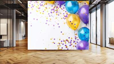 Colorful balloons and confetti on a white background Wall mural