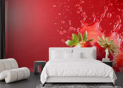 Fresh ripe strawberries falling into red juice creating a dynamic splash against a red background, ideal for food and beverage concepts Wall mural