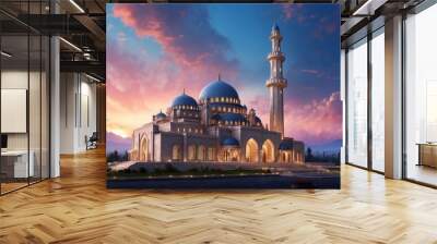 The building of the mosque is magnificent, with beautiful clouds. Generative AI Wall mural