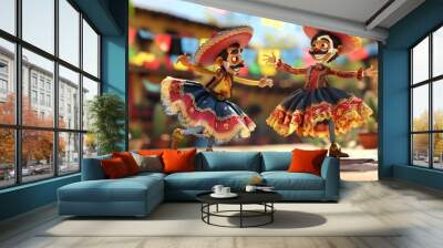 two miniature characters or Mexican dolls dancing, celebrating Mexican day Wall mural