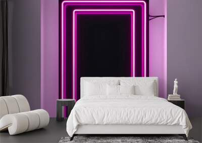 Glowing neon lighting frame. Neon color frame. Pink. Mockup Wall mural