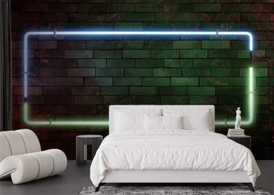 blue and green neon light frame on dark brick wall Wall mural