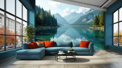 Crystal clear water reflecting mountains and trees in the italian alps Wall mural