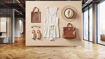 Women's summer outfit laid out on a flat surface featuring a dress, two bags, a hat, glasses, and shoes Wall mural