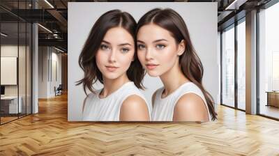 young women twins portrait bright white studio background Wall mural