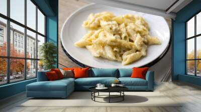 Homemade italian four cheese pasta on a white plate on a wooden table Wall mural