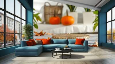 Autumn, a wooden table, uplifts and a free seat in the morning light, October time Wall mural