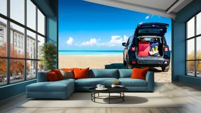 Black summer car and beach landscape  Wall mural